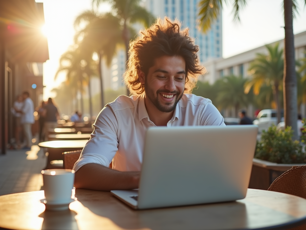 A smiling man with curly hair uses a laptop at an outdoor cafe during a sunny evening.