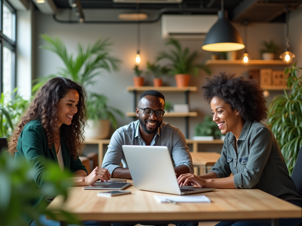 Three colleagues smiling and discussing over a laptop in a plant-filled office space.