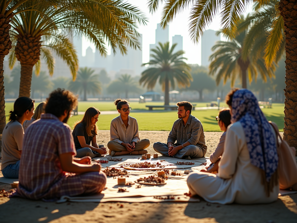 Young friends gathered in a park with palm trees and city skyline, sitting on the ground, engaged in conversation.