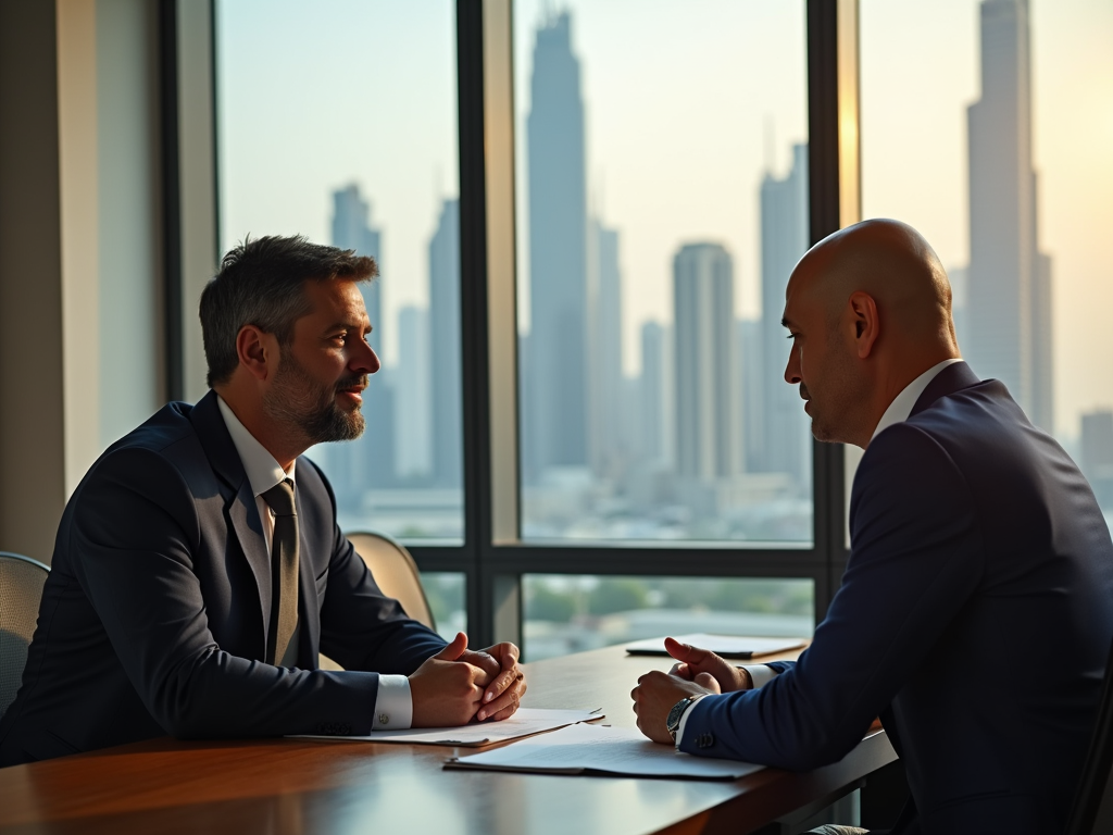 Two business men in a meeting, with a city skyline in the background.