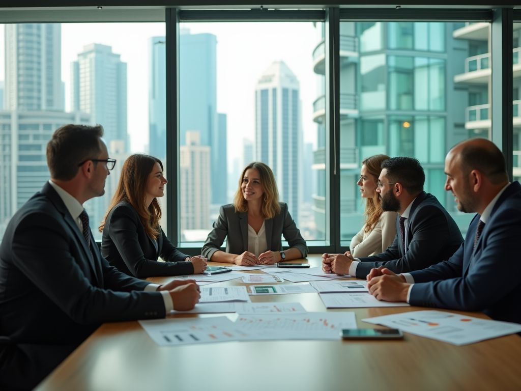 Group of six businesspeople discussing in a modern office with cityscape view.