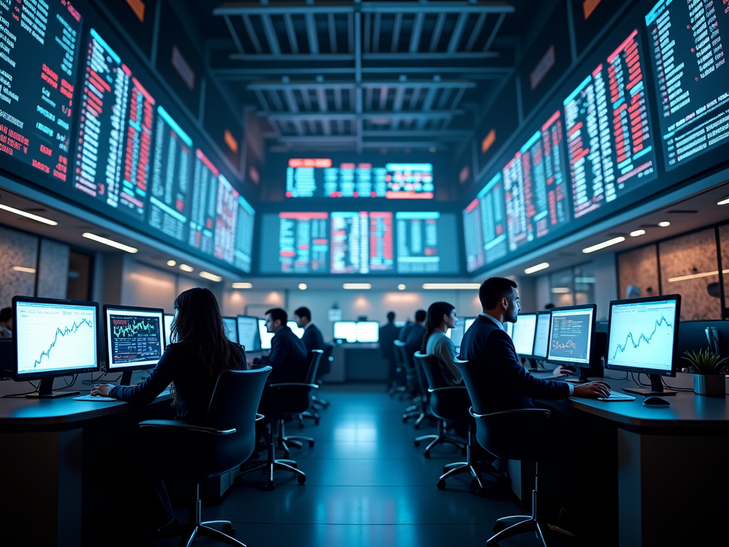 People working at computers in a modern office with financial data displayed on monitors and screens.