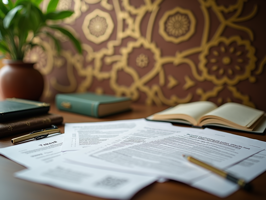 Open books and documents on a desk with a classic, ornate wallpaper background, pen on paper.