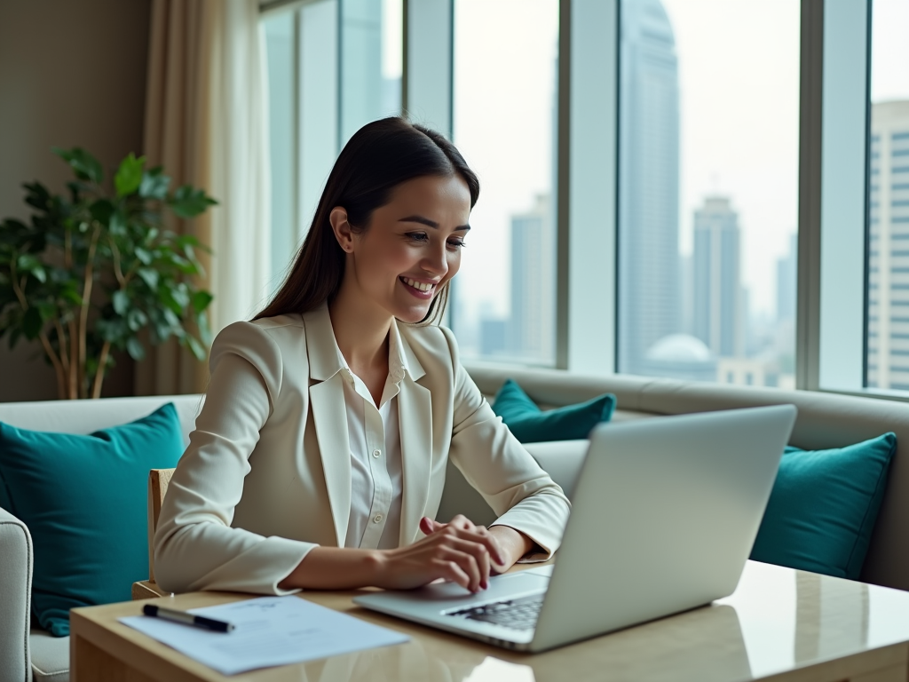 Smiling woman working on laptop in modern apartment with city view.