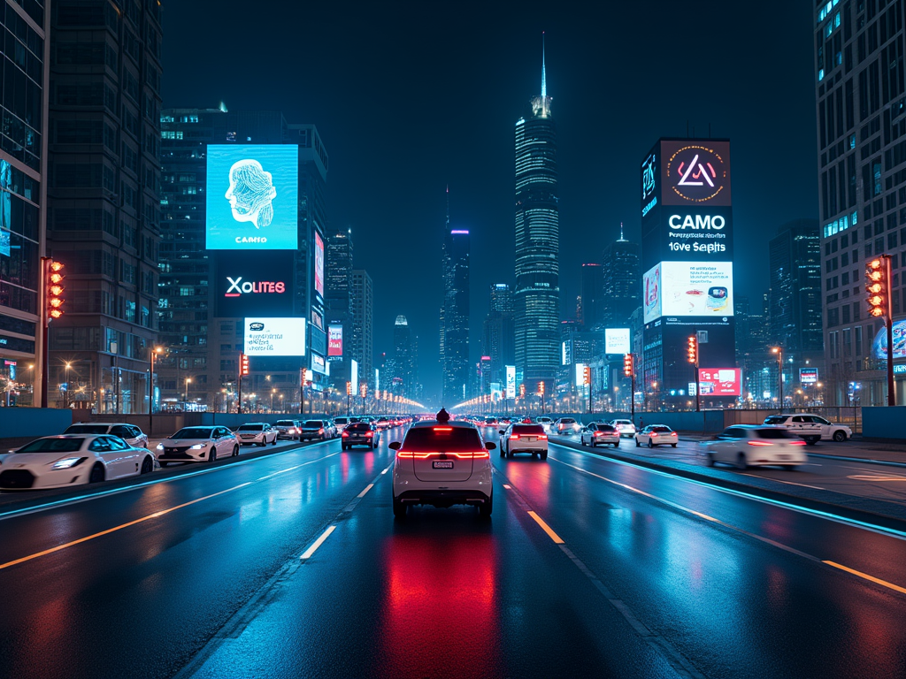 Nighttime city street with illuminated skyscrapers and bustling traffic, adorned with bright billboards.