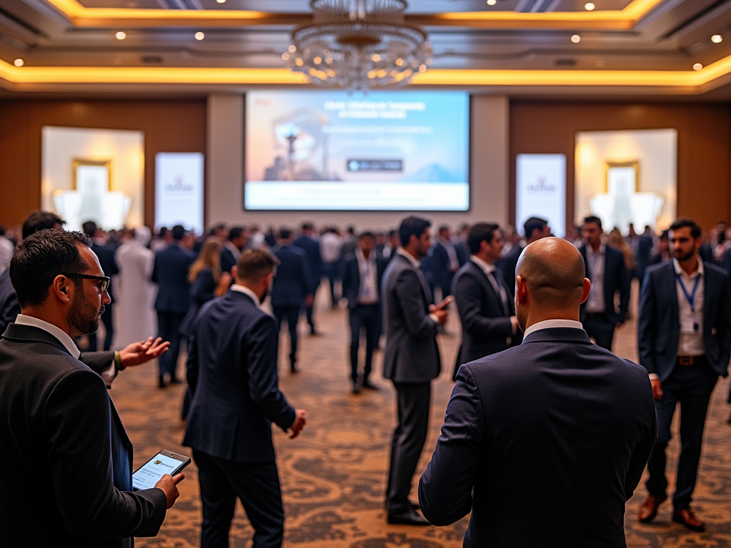 Business professionals networking in a conference hall with a presentation screen in the background.