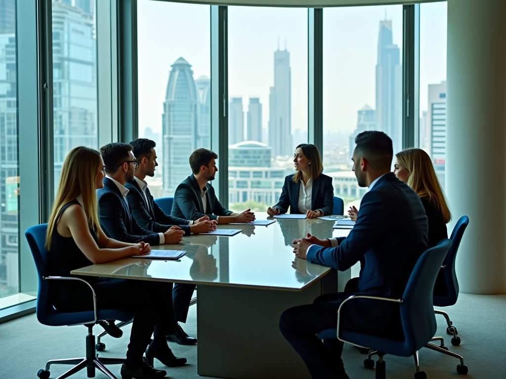 Business professionals in a meeting in a boardroom with a cityscape view in the background.