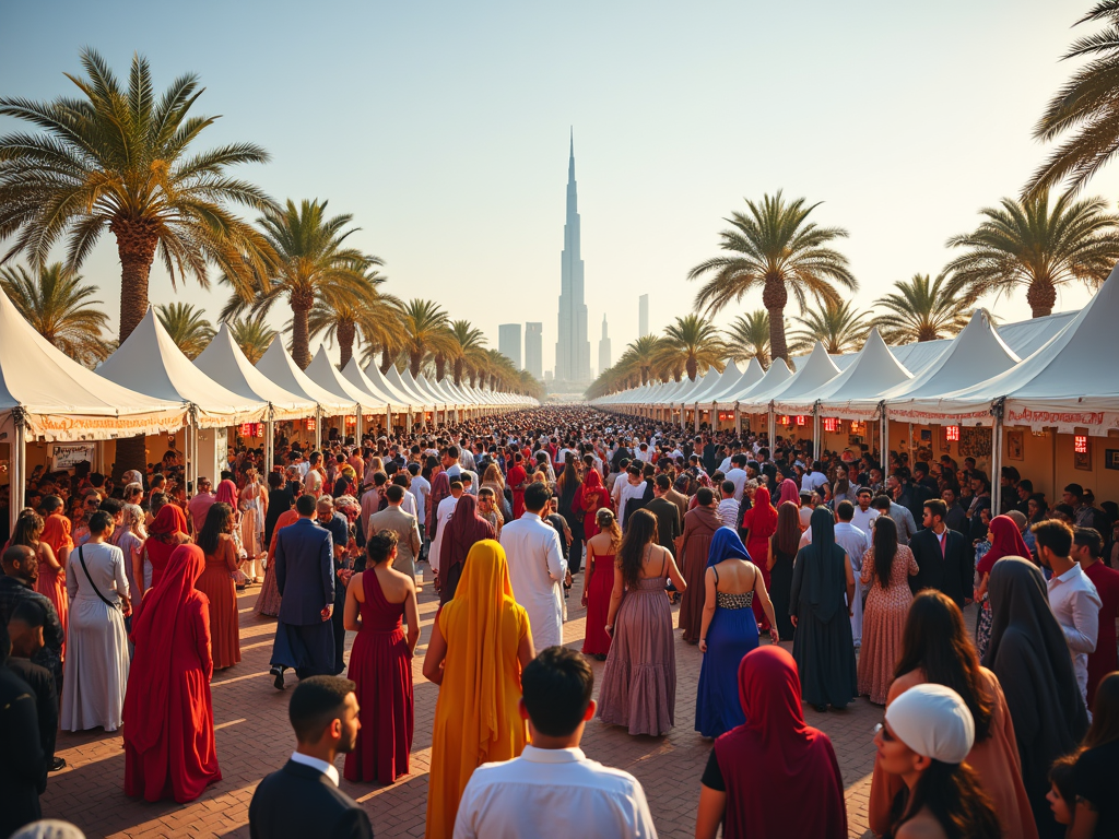 Crowded event with numerous tents and palm trees, overlooking the towering Burj Khalifa in the background.