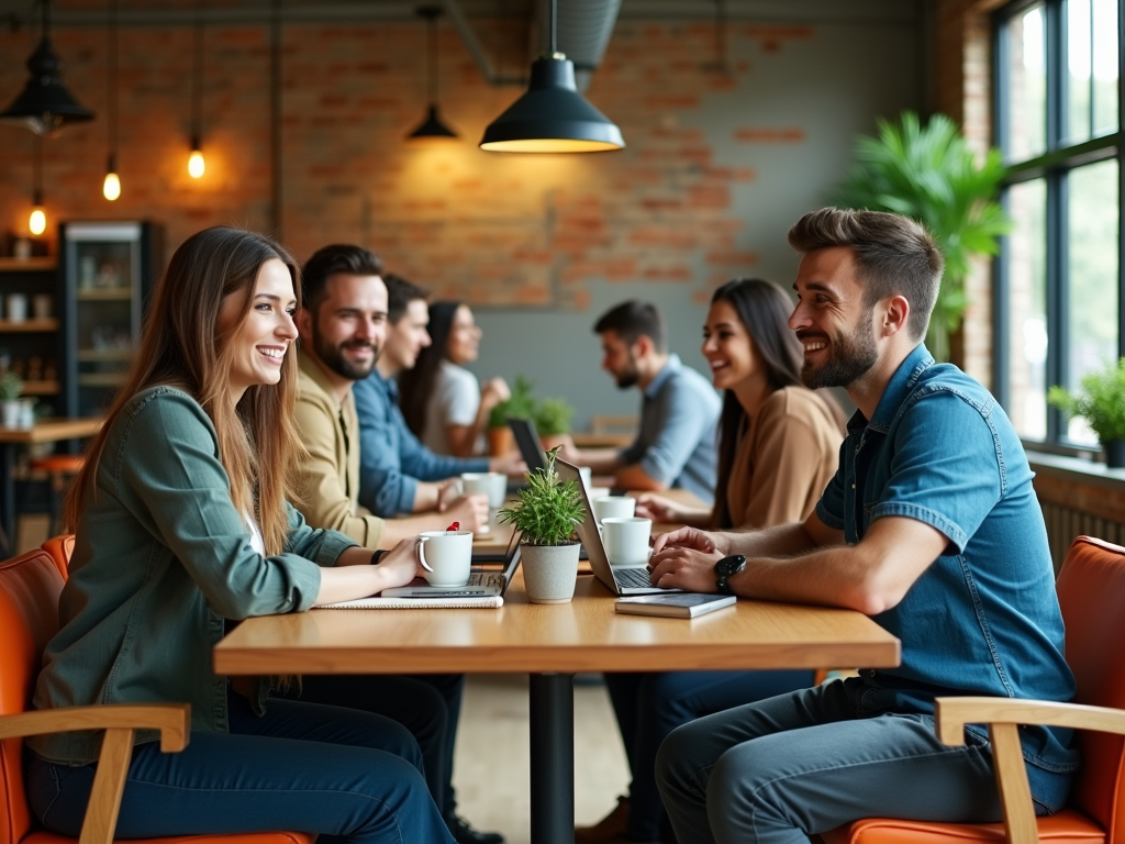 Group of friends smiling and talking at a table in a cozy cafe with laptops and coffee.