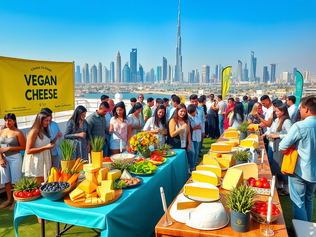 A vibrant rooftop event showcasing vegan cheese, with a city skyline backdrop and attendees enjoying the spread.