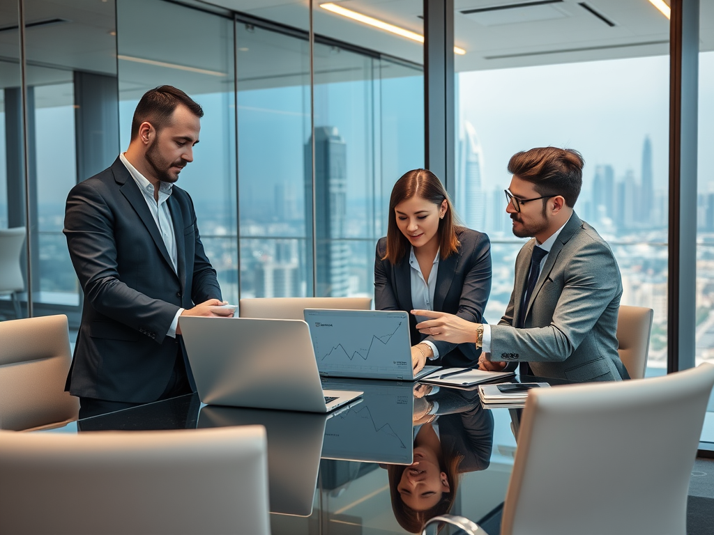 Three professionals in business attire discuss charts on a laptop in a modern office with a city skyline view.