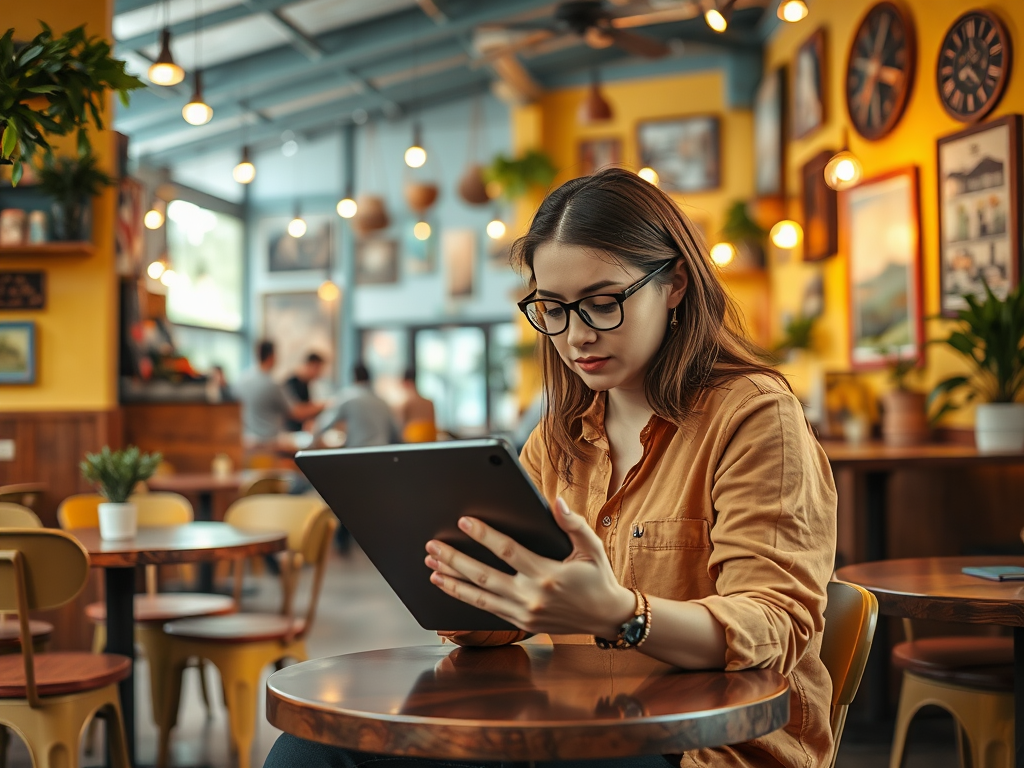 A young woman in glasses sits at a café table, focused on her tablet in a vibrant, artistic setting.