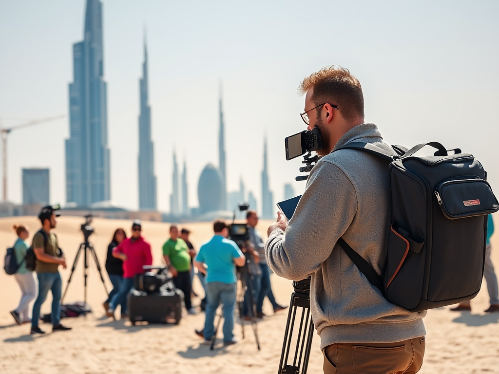 A man with a camera stands in the desert, while a group of people set up filming equipment against a city skyline.