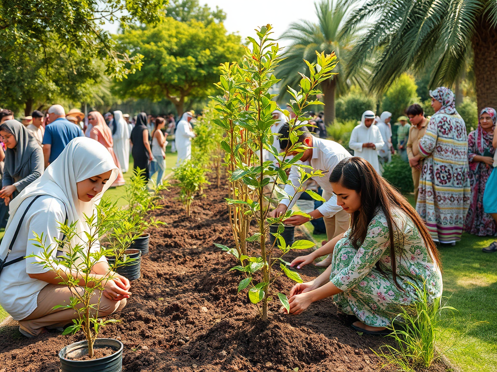 People participating in a tree planting event, working in a garden surrounded by greenery and others.