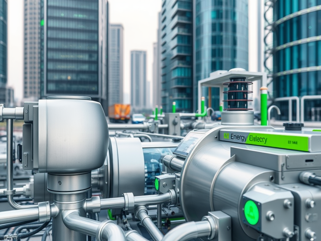 A close-up of industrial energy equipment with silver pipes and gauges, set against a backdrop of modern skyscrapers.