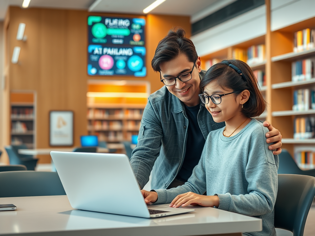 A young man and girl smile while working together on a laptop in a library setting, surrounded by books.