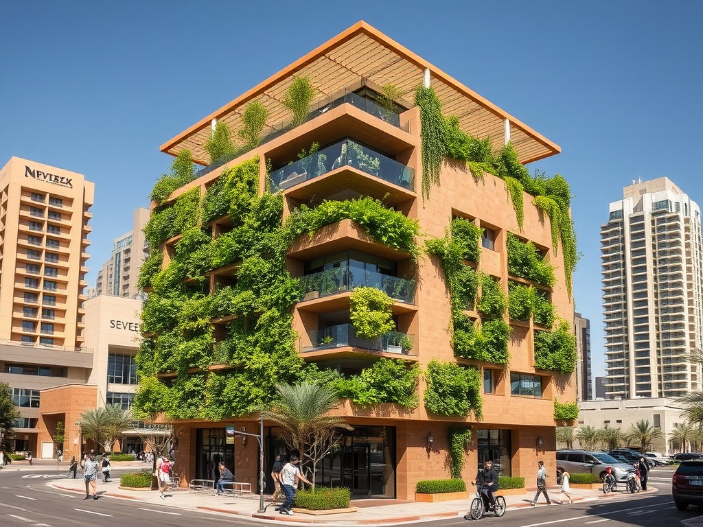 Modern building covered in greenery, surrounded by cityscape, with people walking and biking nearby. Bright blue sky.