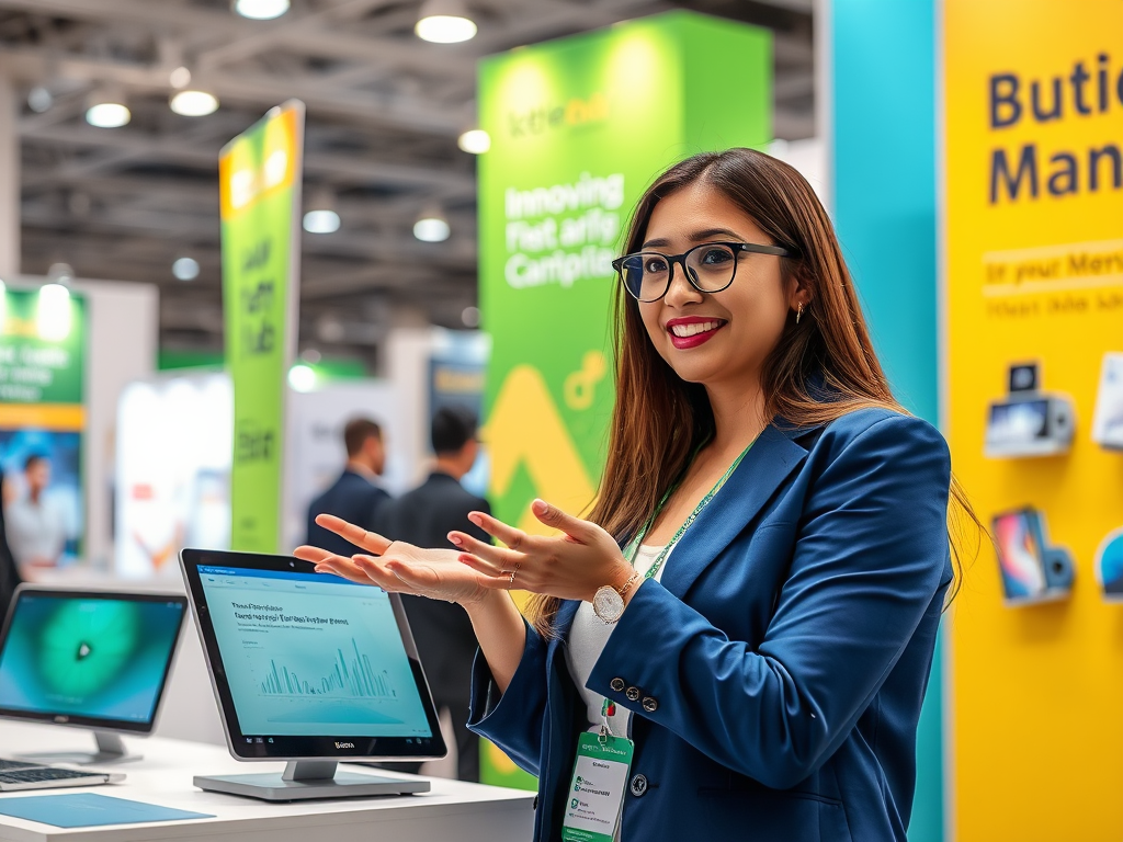 A smiling woman in a blue blazer gestures enthusiastically at a tech exhibition booth, showcasing data on a monitor.