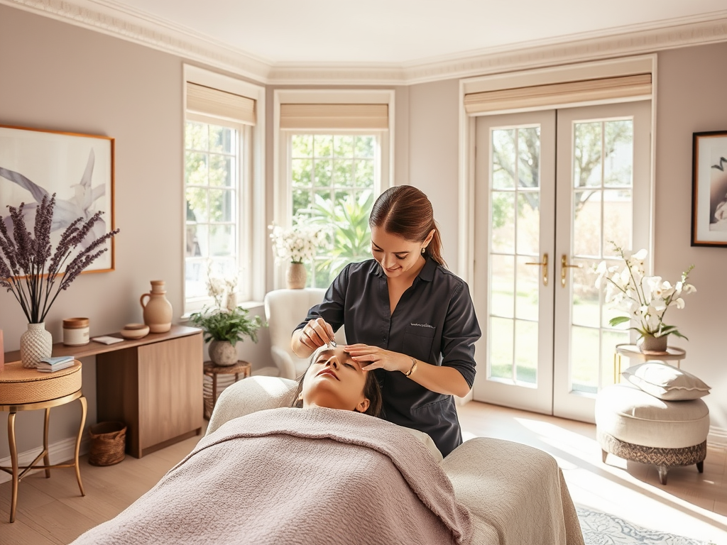 A beauty therapist applies treatment to a client's face in a serene, well-lit room with plants and decor.