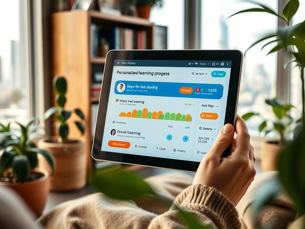 A person holds a tablet displaying a personalized learning progress dashboard, surrounded by indoor plants.