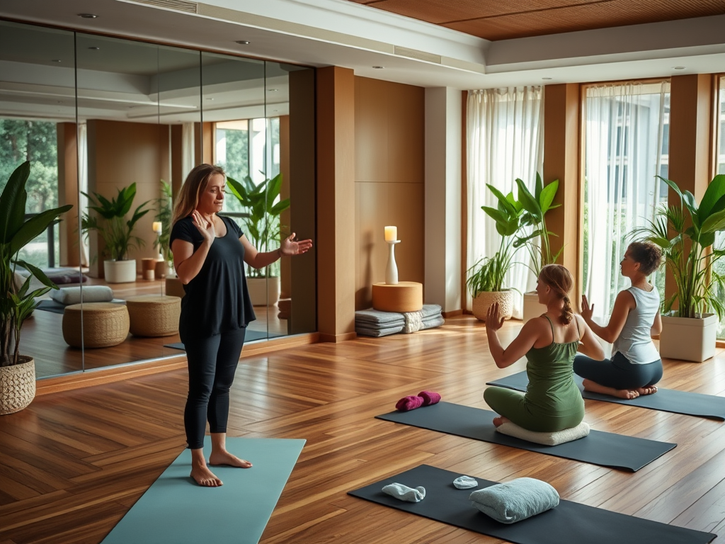 A yoga instructor demonstrates a pose to two students in a serene studio with plants and wooden flooring.