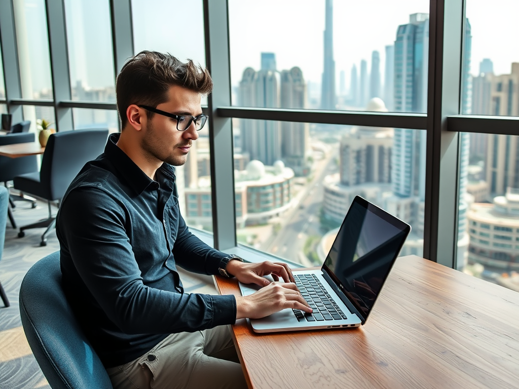 A young man in a black shirt works on a laptop at a table with a city view from a tall building.