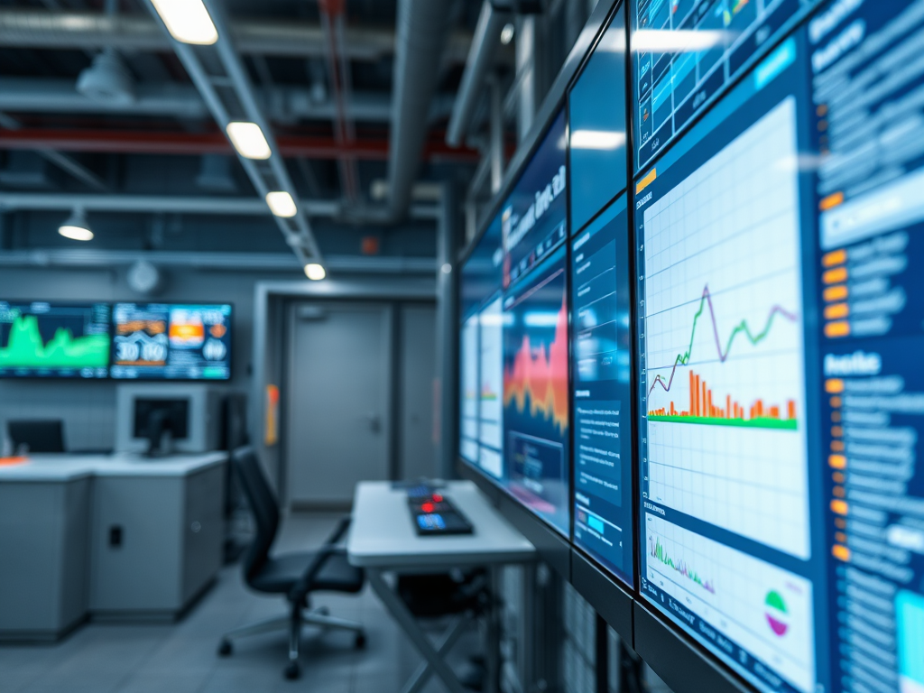 A modern control room with multiple screens displaying various data graphs and analytics in a tech environment.