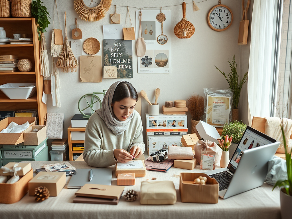 A woman in a cozy workspace decorates packages surrounded by plants, stationery, and craft supplies on a table.