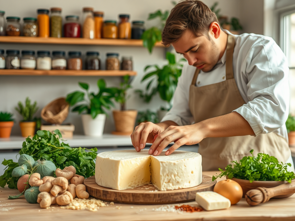 A chef carefully prepares cheese on a wooden board, surrounded by fresh herbs and vegetables in a cozy kitchen.